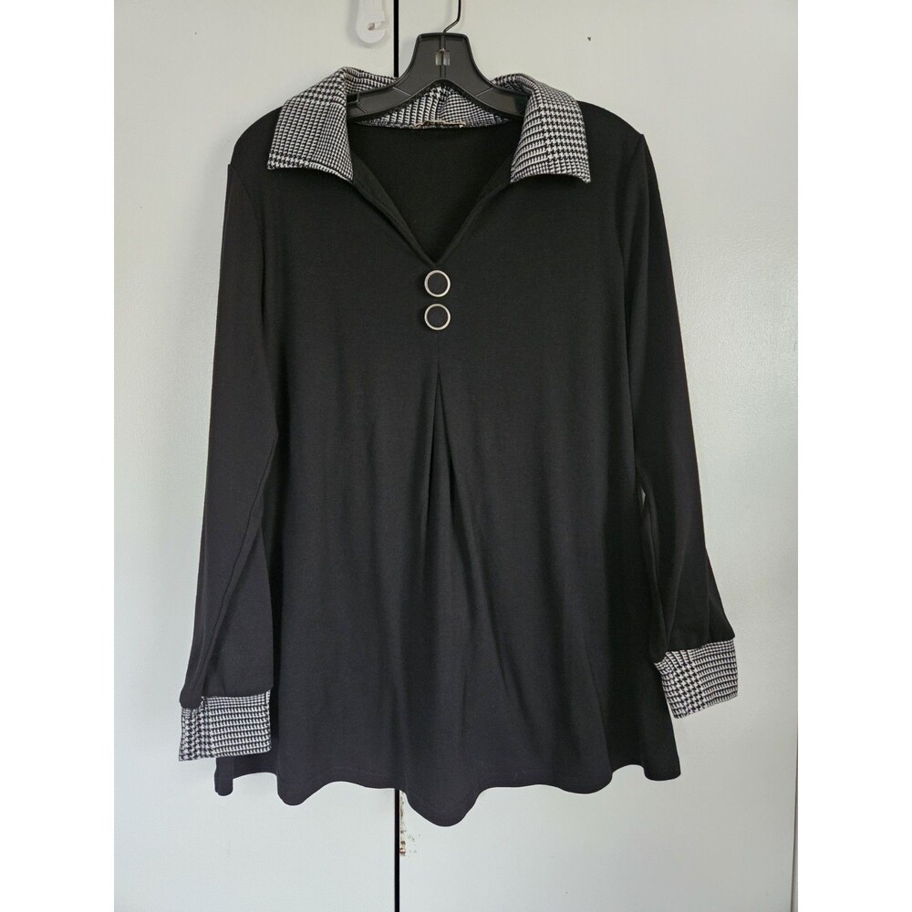 Bebonnie Womens L Black Tunic Top Houndstooth Collar Button Front Stretch Blouse